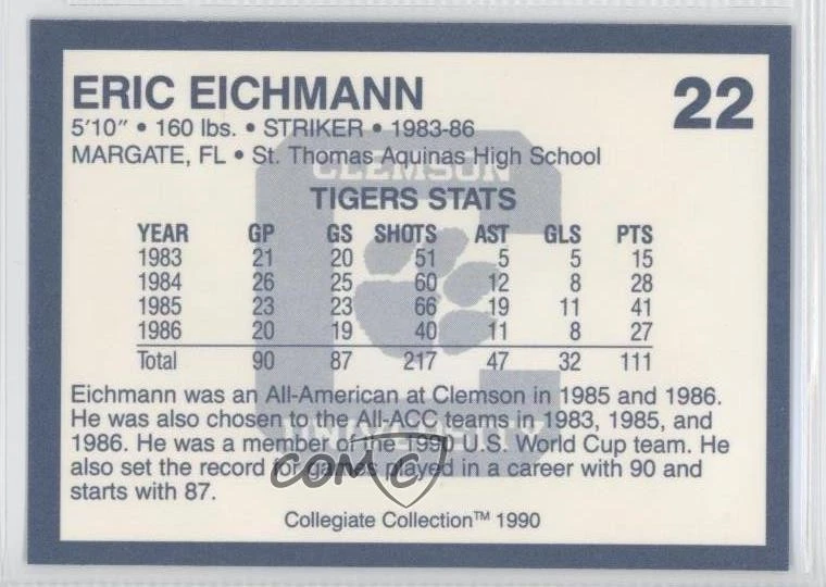 1990 Collegiate Collection Clemson Tigers Eric Eichmann #22 - Image 2 of 2
