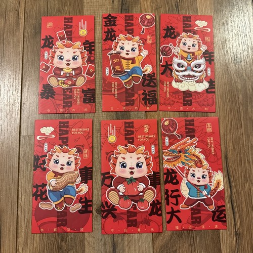 Traditional Chinese Dragon Pattern Envelopes 6pc Red Packet Set for New Year