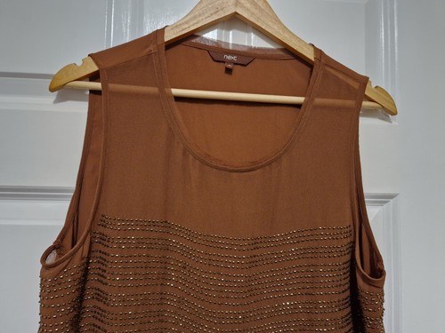 Next Brown Sleeveless Beaded Chiffon Tunic Top Size 16 - Picture 3 of 5
