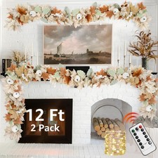 Neutral Fall Garland for Mantle Fireplace - 2 Pack Total 24Ft Outdoor Autumn ...