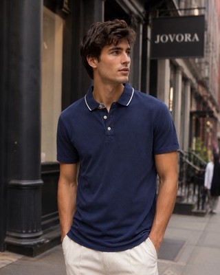 Merona Tailored Fit Tipped Collar Polo Shirt Navy Blue Short Sleeve Men's M