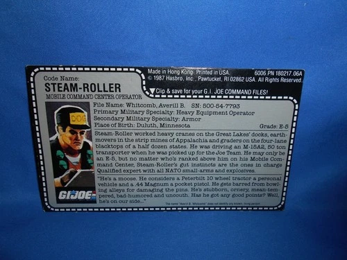 1987 GI JOE ARAH STEAM ROLLER UNCUT FILE CARD AMAZING SHAPE