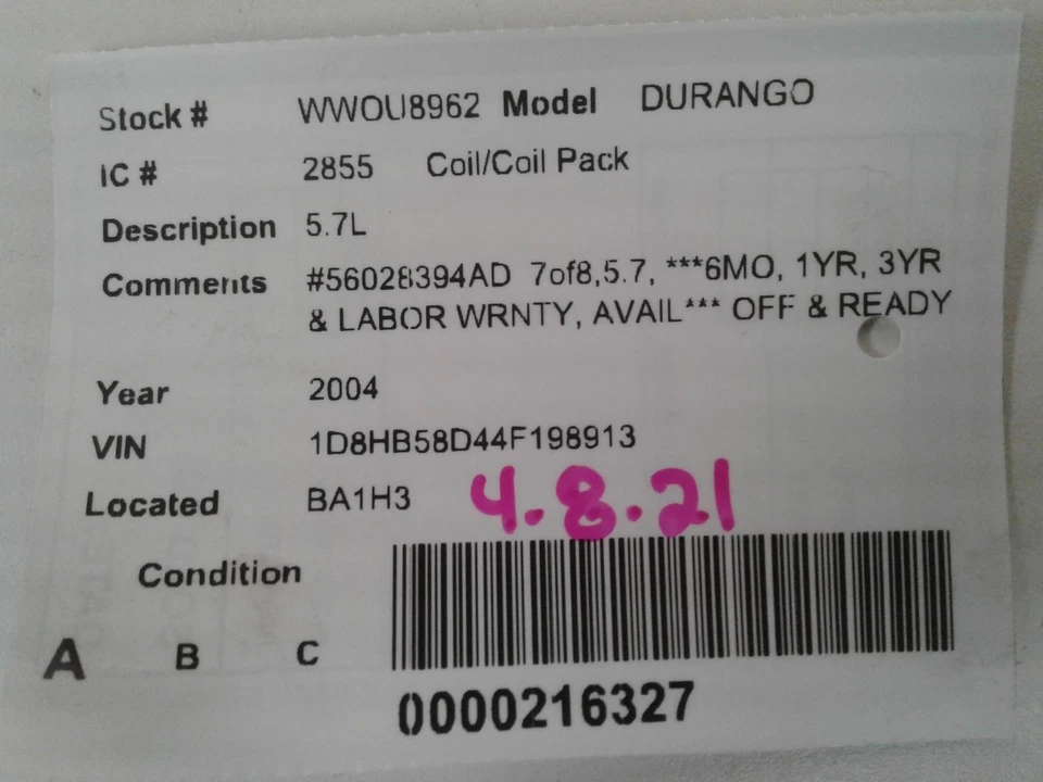 Bobina de encendido usada se adapta a: Dodge Durango 2004 5,7 grado A Foto 4 de 4