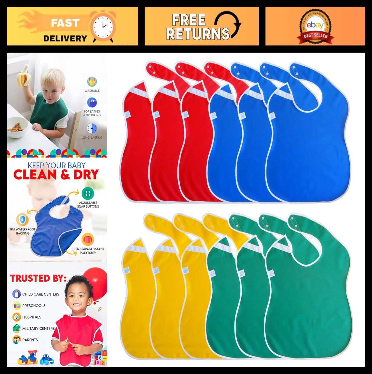 Large Waterproof Baby Bibs for Toddlers 1-4 Years - Soft, Lightweight & Durable