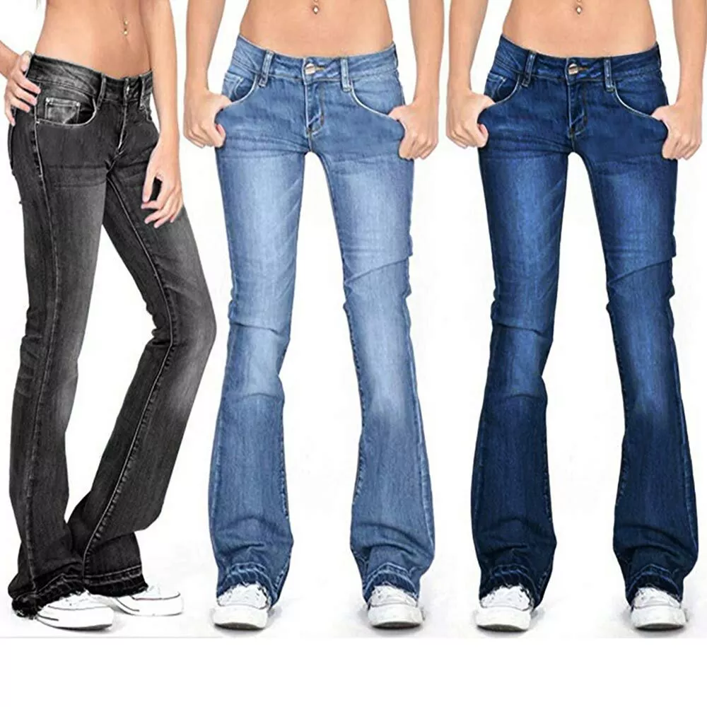 Womens Denim Jeans Bootcut Flared Pants Low Waist Wide Leg