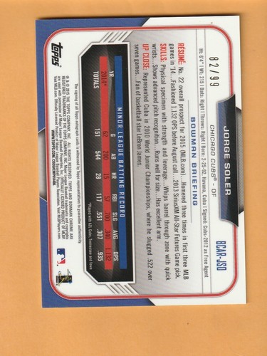 Jorge Soler Chicago Cubs AUTO 2015 Bowman Chrome Rookie Green Refractor /99 - Picture 2 of 2