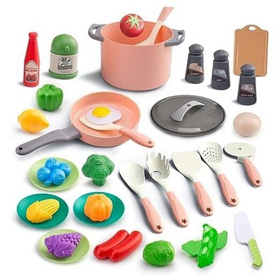 35Pcs Kids Kitchen Toy Accessories, Toddler Pretend Cooking Playset with Pink