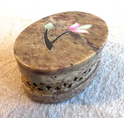 Lily Flower Granite Trinket Box Stash Box Oval 3''x2'' MOP Inlay w Lid Brown