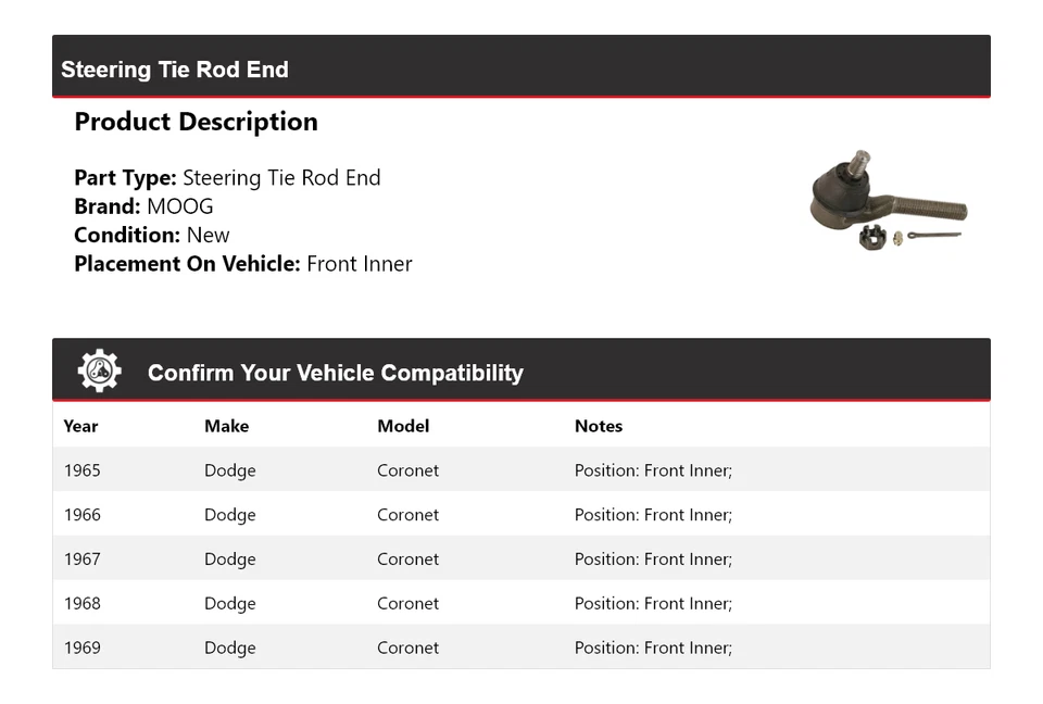 Para Dodge Coronet 1965-1969 extremo de barra de dirección interior delantero MOOG 1965 1966 1967 Foto 2 de 4