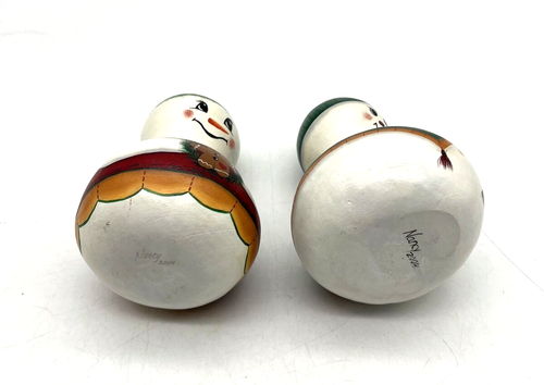 Vintage Paar handbemalte Schneemann Kürbisse Künstler signiert Hut Tannenzapfen primitiv 4,5 Zoll - Bild 6 von 10
