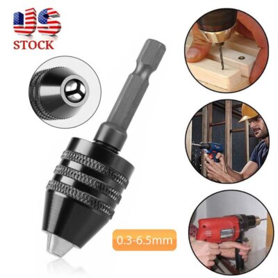 0.3-6.5mm Keyless Drill Chuck Adapter Impact Driver Converter 1/4 Hex Shank Tool