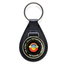 US Army 42nd Infantry Division Veteran Black Leather Keychain Silver Keyring