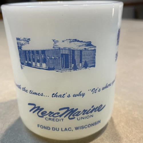 Vtg Galaxy Milk Glass Coffee Mug MERC MARINE Credit Union Fon Du Lac Wi Mercury