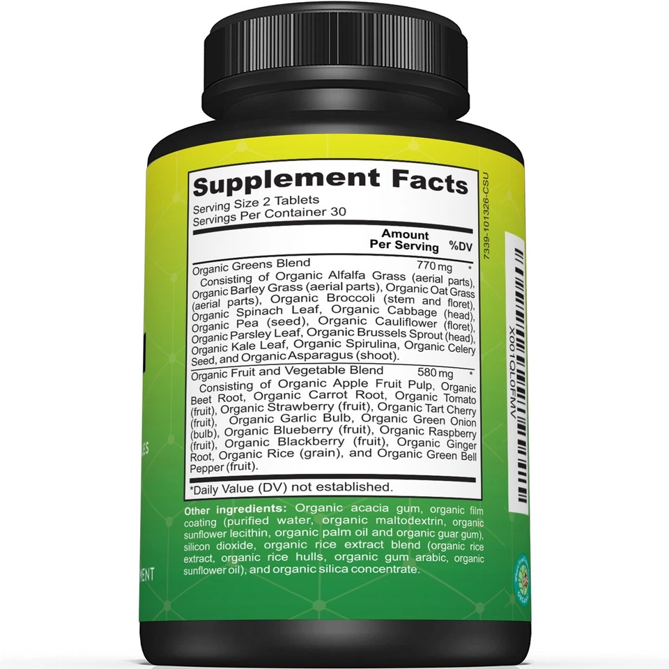 Comprimidos superalimentos verdes orgánicos del USDA - incluye verduras, frutas y verduras Foto 2 de 4