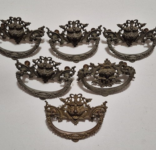 Antique Vintage Brass Face 6 Drawer Pulls 4 Ring Pulls and 5 Keyhole Covers RARE - Picture 2 of 11