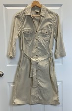 EUC Sonoma Tan Khaki Beige Twill Utility Tie Waist 3/4 Roll Tab Shirtdress SMALL