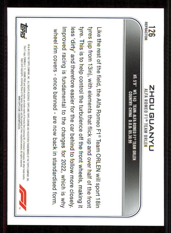 2022 Topps Chrome Formula 1 Refractors #126 Zhou Guanyu CAR - Image 2 of 2
