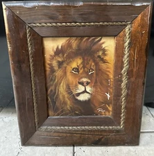 Vintage Lion Oil Painting Canvas Signed Original Art Framed Print Vtg Rex 16X14