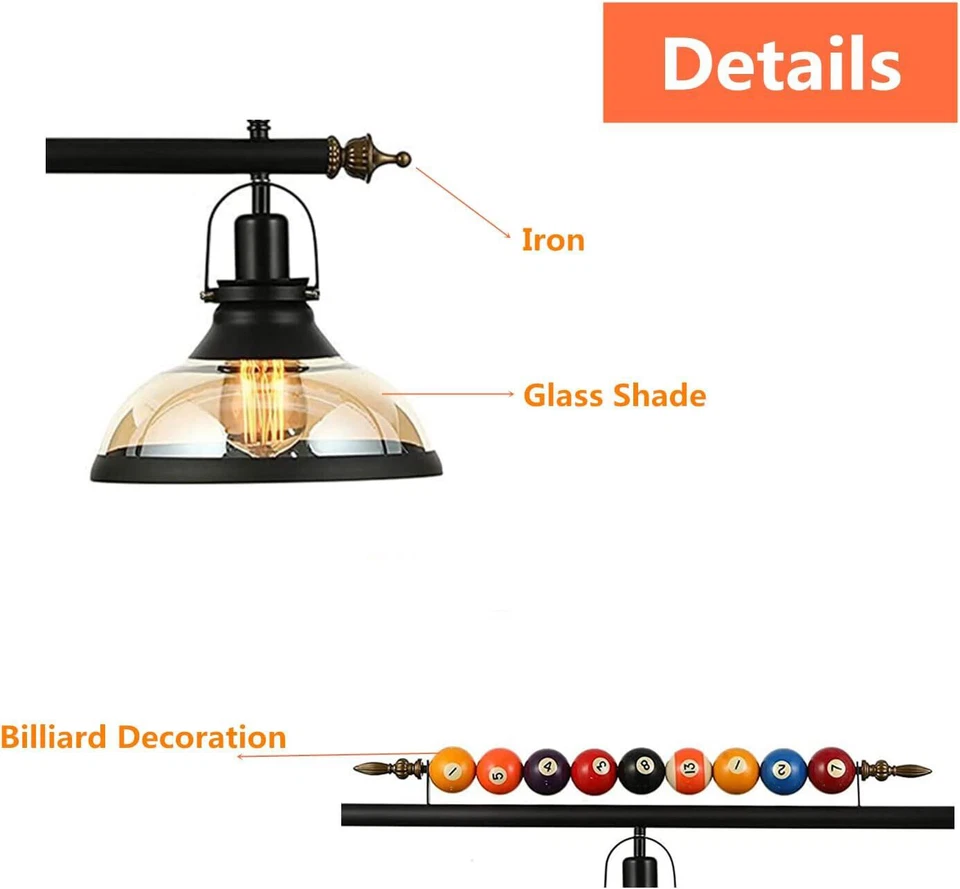 3 Light Hanging Pool Table Light Billiard Table Light Pendant Lamp Glass Shade - Image 4 of 4