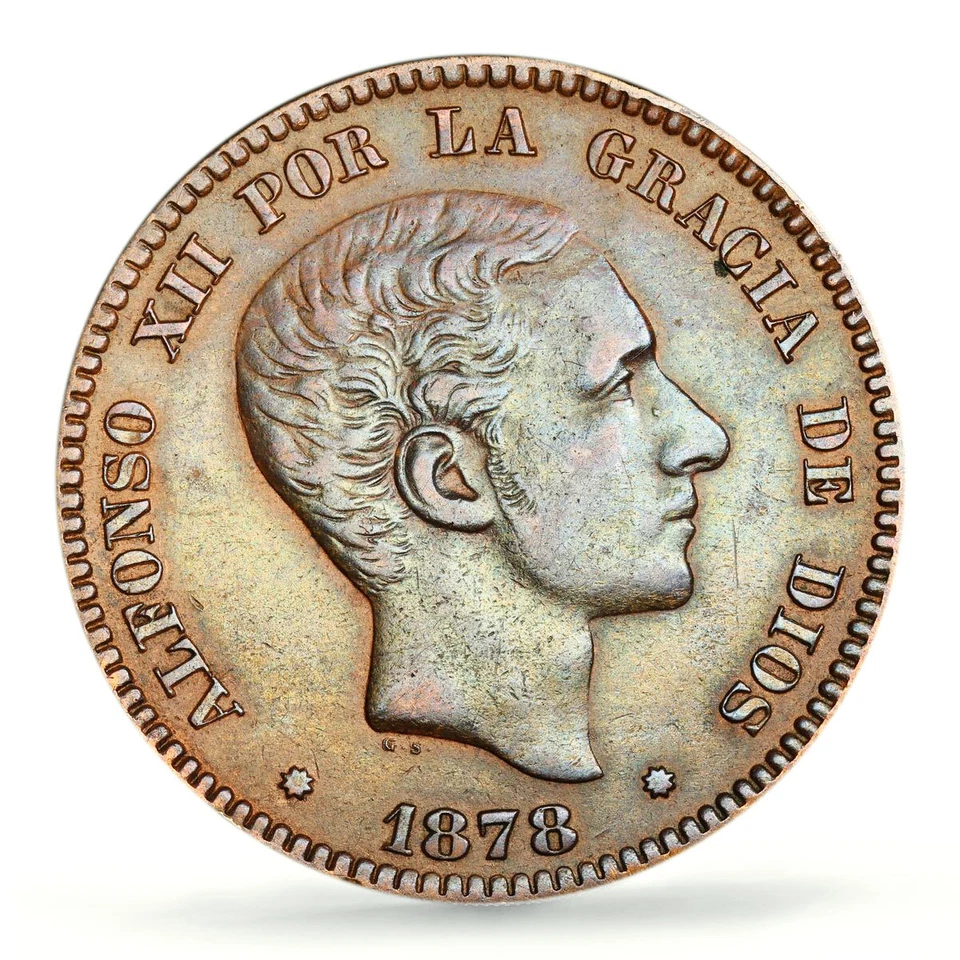 Spain 10 centimos King Alfonso XII Coinage OM KM-675 AU50 PCGS bronze coin 1878 - Image 3 of 4