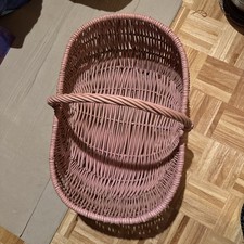 Large 1970s Vintage Woven Wicker Basket Dusty Rose / Mauve W/ Handle oval design