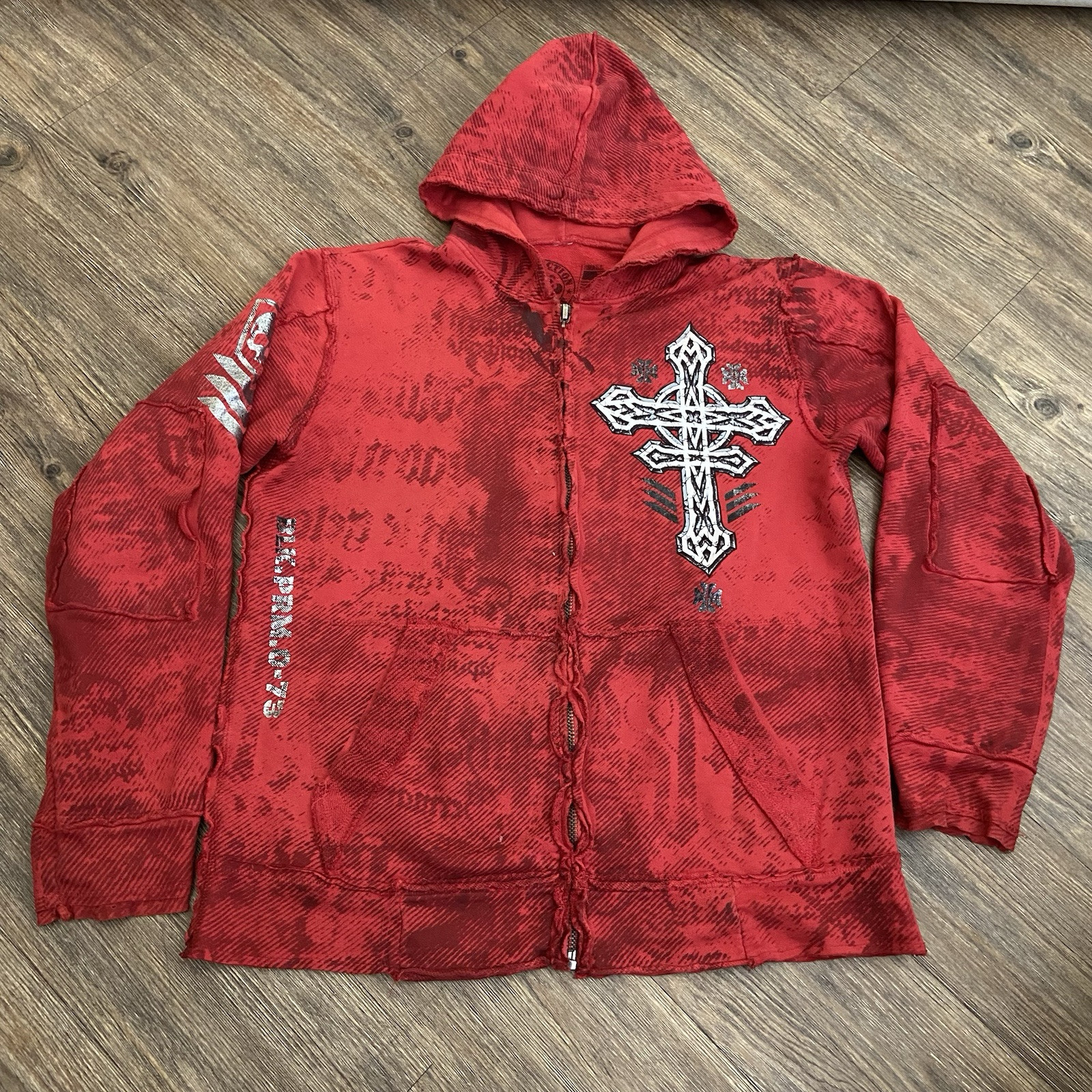 Mens Affliction Hoodie Red Y2K Grunge Goth USA Skull Cross UFC MMA Small S