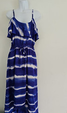 Express Maxi Dress Medium Hi-low Hem Peasant Ruffle Top Tie Waist Blue Tie-Dye