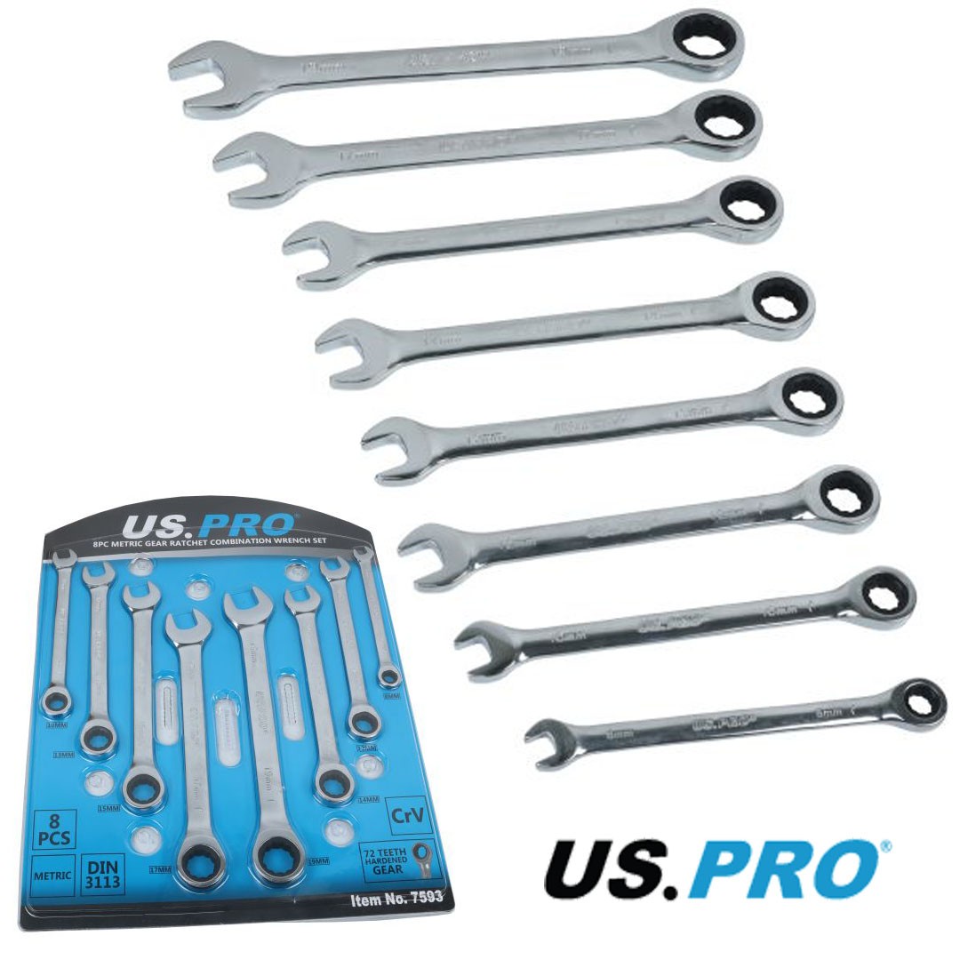 US Pro 8pc Ratchet Spanner Set Gear Combination Wrenches 8mm to 19mm