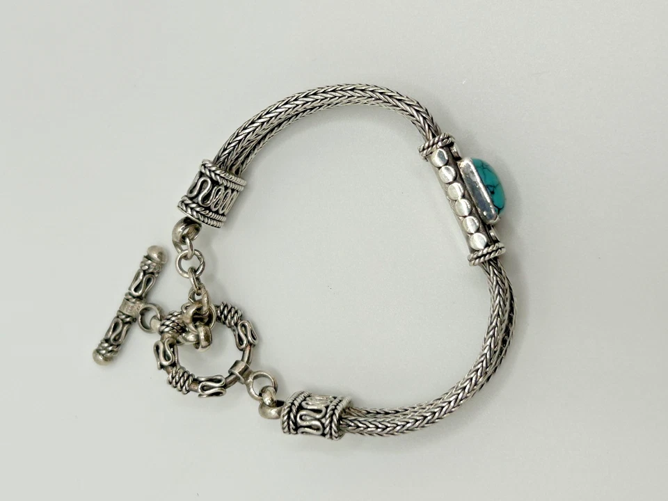 Винтажный браслет из стерлингового серебра 925 пробы с бирюзой и тремя цепочками — 7,5 дюйма No681 - Изображение 4 из 4