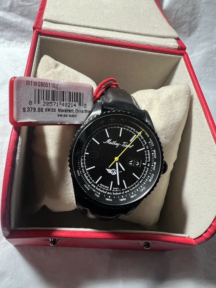 mathey tissot,DATE, Swiss made, Black leather band men’s watch,100M,MTWG9001102 - Image 3 of 4