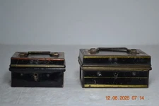 TWO Antique English Miniature Toleware Painted Tin Metal Lock Cash Boxes