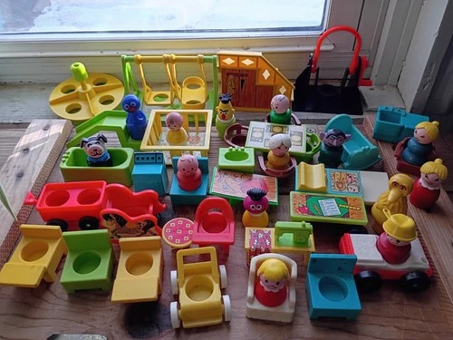 Vintage Fisher Price Little People Lot Assorted Figures Vehicles Furniture