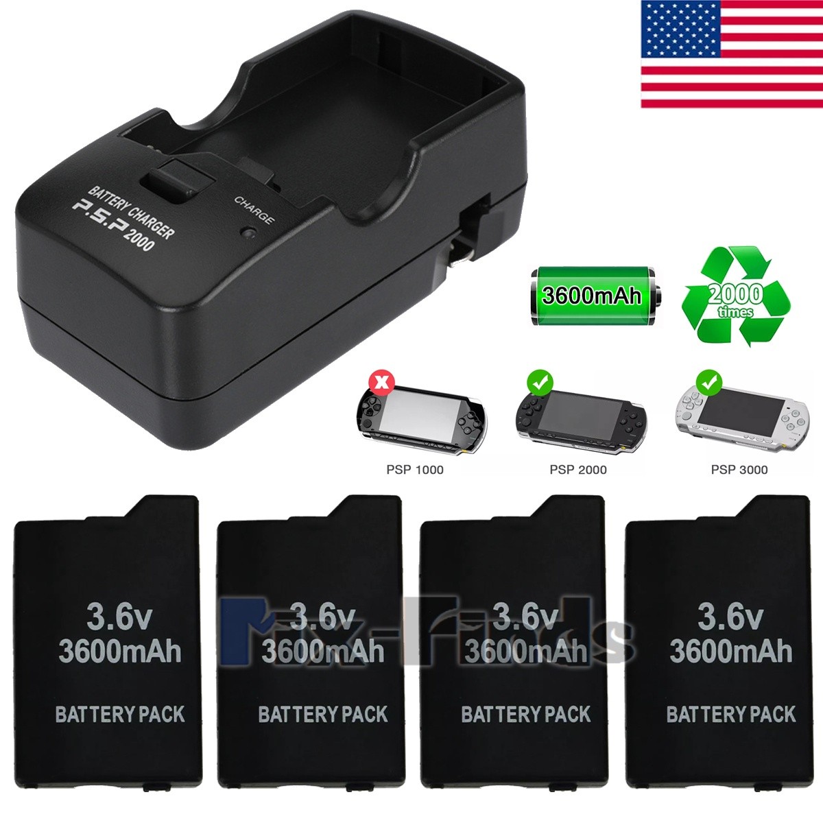 LOT Rechargeable 3600mah Replacement Battery for Sony PSP Slim 2000/3000+Charger