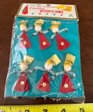 Vtg NOS Spun Cotton Chenille Angel Pixie Japan Christmas Tie On Ornament Pk Of 6