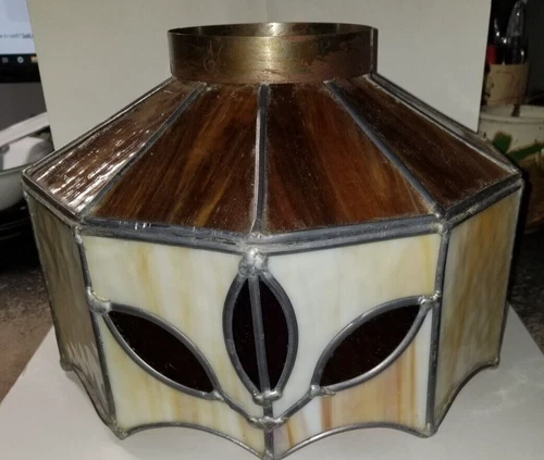 Vintage Slag Glass Leaded Lamp Shade Tiffany Style Hanging Light Cream Brown