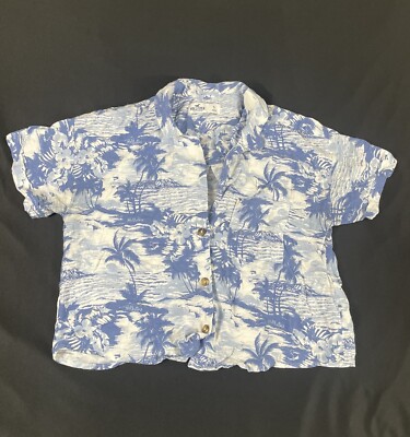 Hollister Women Blue Hawaiian Short Sleeve Crop Shirt Top Size S