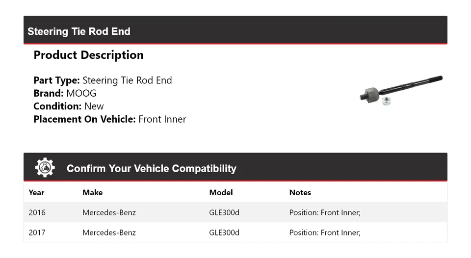 Para Mercedes-Benz GLE300d 2016-2017 extremo de barra de dirección interior delantero MOOG Foto 2 de 3