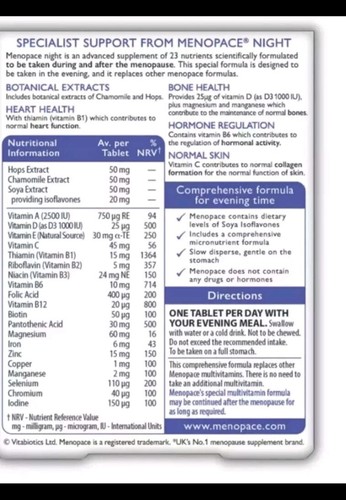 Vitabiotics Menopace Night Advanced Supplement - 30 Tablets Best Before 12/2024 - Picture 2 of 2