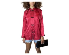 Original Vintage Halston Oriental Red & Floral Print Satin Jacket Uk 8 - 12