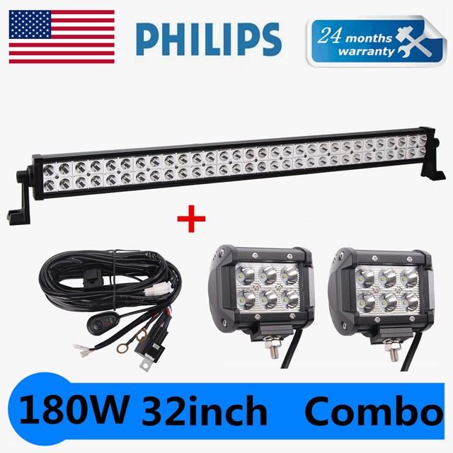 180W 32inch PHILIPS LED Light Bar Tractor 4WD Offroad SUV W/ 18W PODS