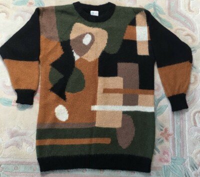 80s 6th Sense Ladies' 50% Mohair Baggy Jumper Sweater Abstract Front 12 -16  UK