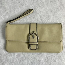 New York & Co. Tan Leather Clutch Black Stitching Front Buckle