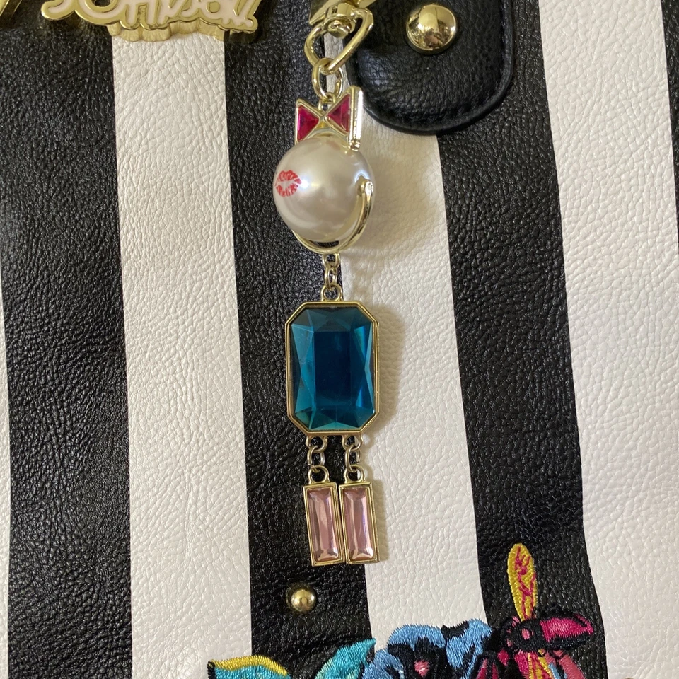 Betsey Johnson Purse Black White Floral/Rose Stripe Bag - Image 3 of 4