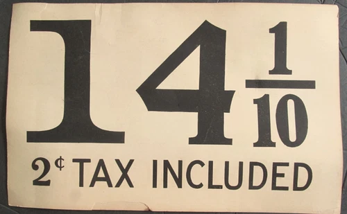 Early Vintage Cardboard Gasoline Pump Price Sign 14 1/10¢ and 14 2/10¢