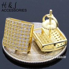 MEN 925 STERLING SILVER 10X9MM CZ GOLD PLATED SCREW BACK STUD EARRING GE103