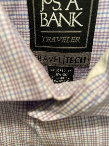 Jos A Bank Mens Dress Shirt Size 16 1/2 36 Purple Plaid Traveler Pocket - Picture 3 of 14