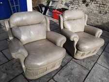 Pair Of Vintage ART FORMA Pale Olive Green Ladies Heavy Piped Leather Armchairs