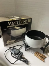 West Bend Electric 2 Qt Fondue Set  White #88000 W/ 13 Extra Forks. Tested.
