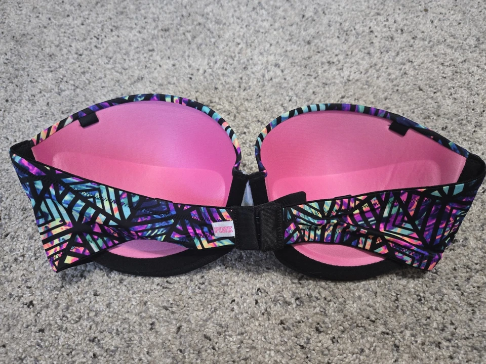 Victoria's Secret розовый бюстгальтер без бретелек геометрический принт неоновый 34C новый без ЯРЛЫКОВ - Изображение 2 из 4