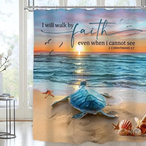 Beach Turtle Shower Curtain 60Wx72H Inch Bible Verse Curtain Ocean Sea Animal...